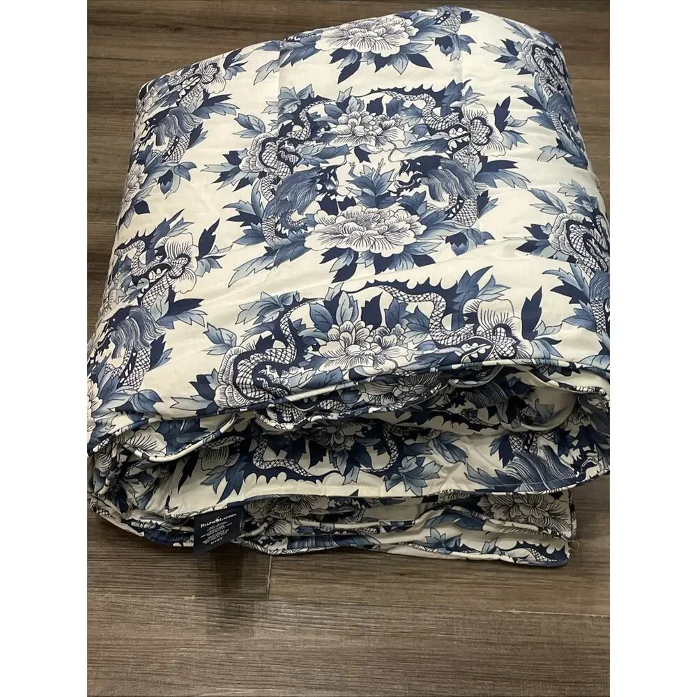 VTG Ralph Lauren Home Comforter Twin Blue White Floral Koi Print 80s 90s EUC